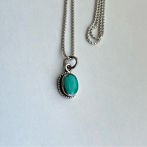 Sterling Silver Small Dainty Oval Synthetic Turquoise Necklace, Silver Necklace - Picture 8 of 10